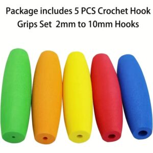 5-piece ergonomic crochet hook grips set designed to fit hooks ranging from 2mm to 10mm.