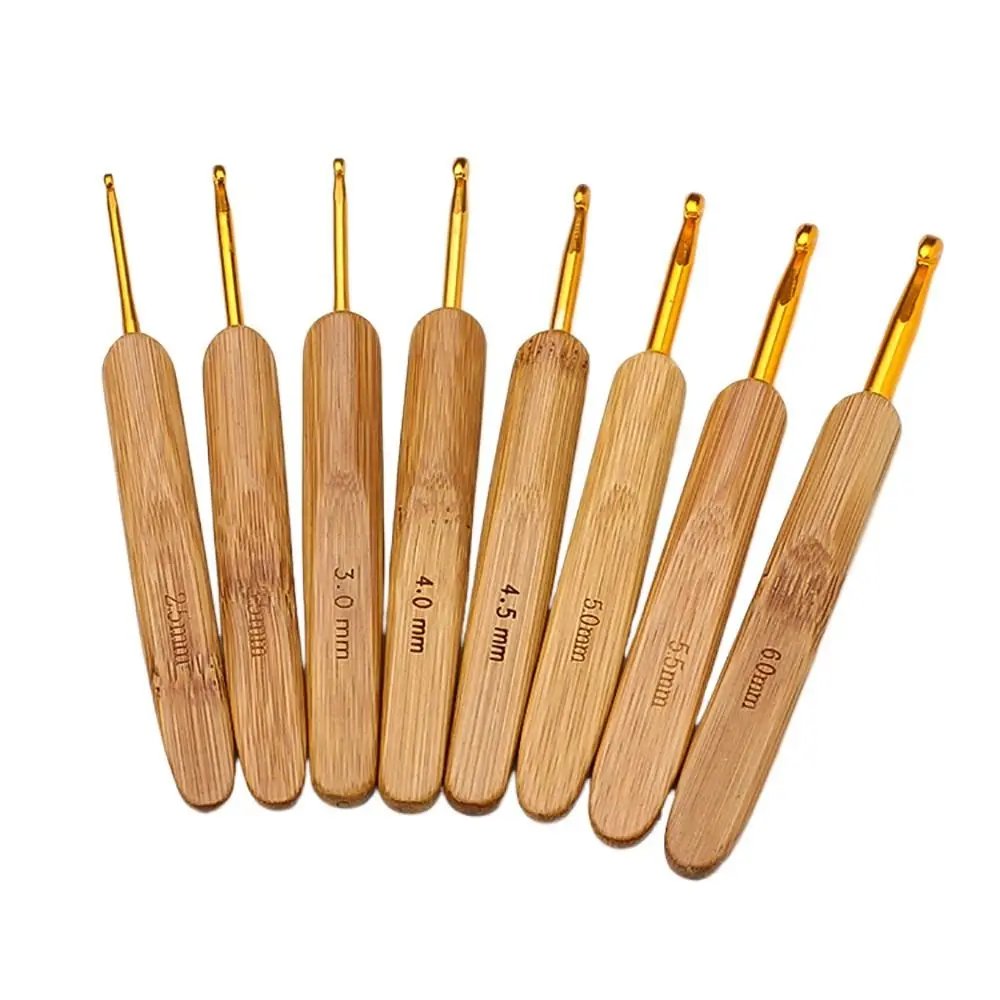 9-piece Golden Color Bamboo Crochet Hook Set. thick/thin - Image 2